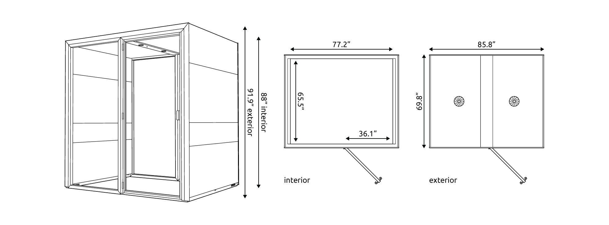 Technical drawings of the Eco Desk L Pod with measurements.