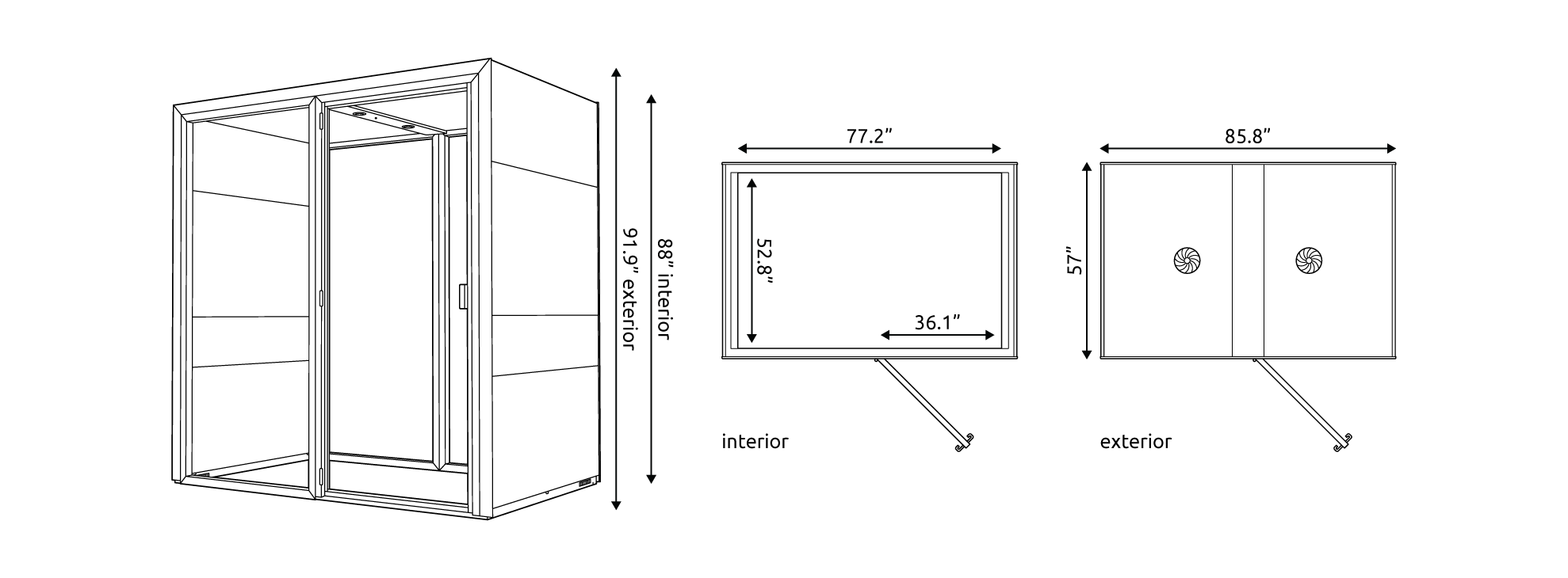 Eco Desk M Line Drawing Technical drawings of the Eco Desk M Pod with measurements.