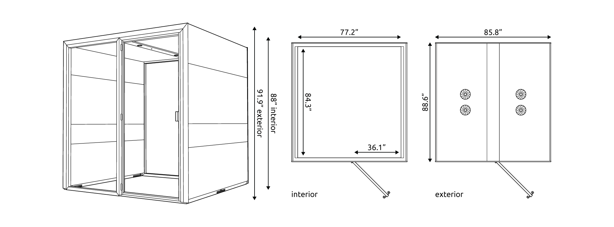 Eco Desk XL Line Drawing Technical drawings of the Eco Desk XL Pod with measurements.