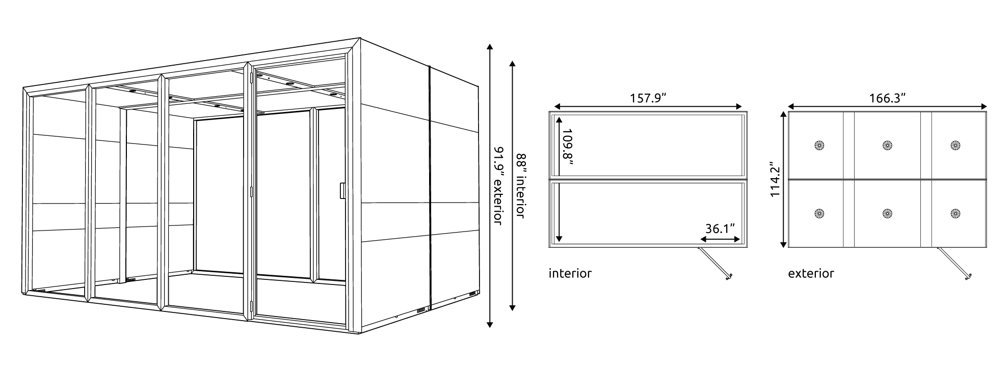 Eco Max M Connected Line Drawing Technical drawings of the Eco Max M Connected Pod with measurements.