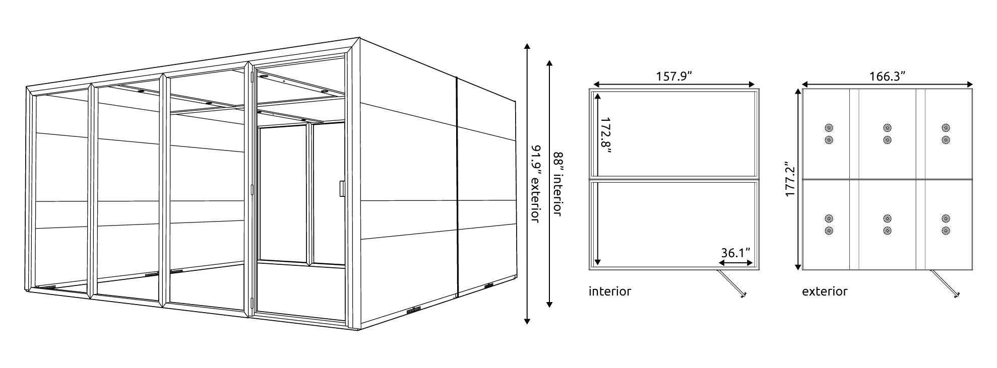 Technical drawings of the Eco Max XL Connected Pod with measurements.