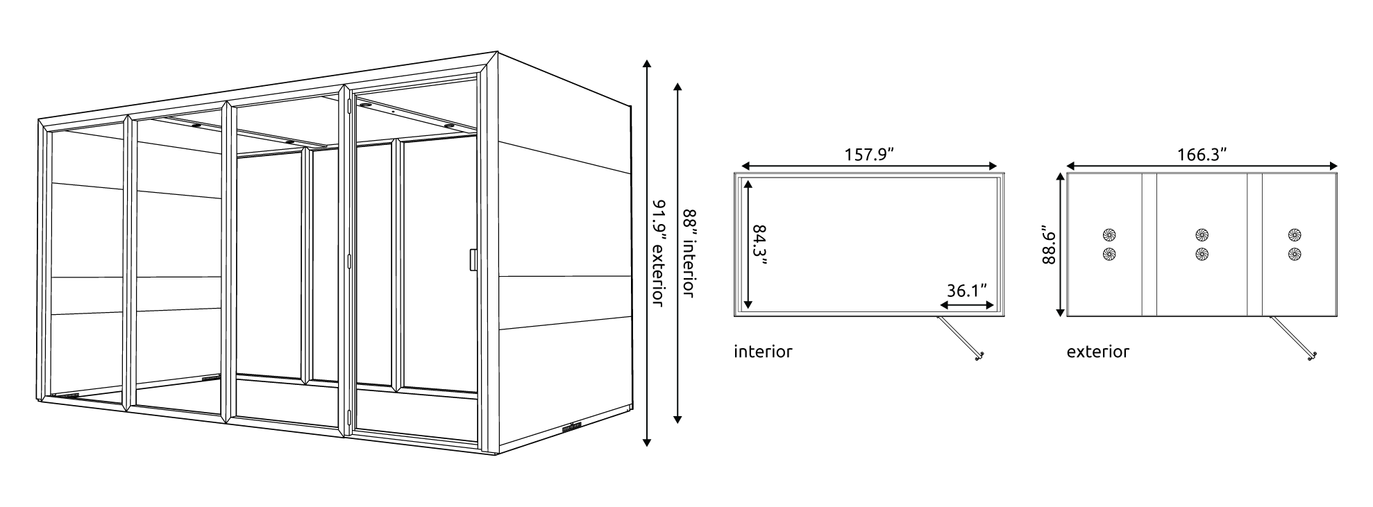 Technical drawings of the Eco Max XL Pod with measurements.