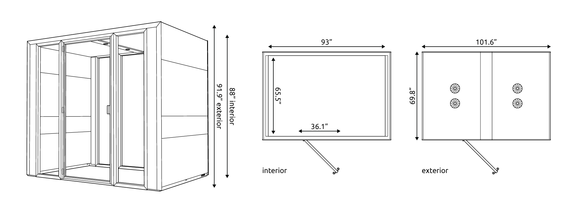 Eco Meet L+ Line Drawing Technical drawings of the Eco Meet L+ Pod with measurements.