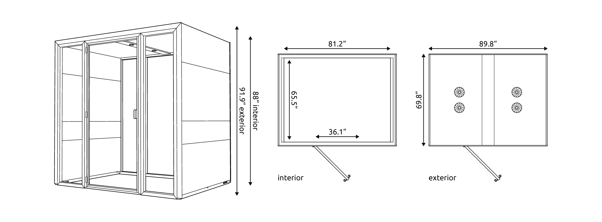Technical drawings of the Eco Meet L Pod with measurements.