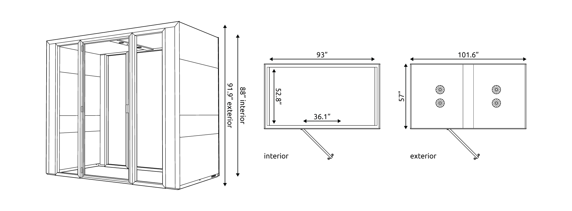 Technical drawings of the Eco Meet M+ Pod with measurements.