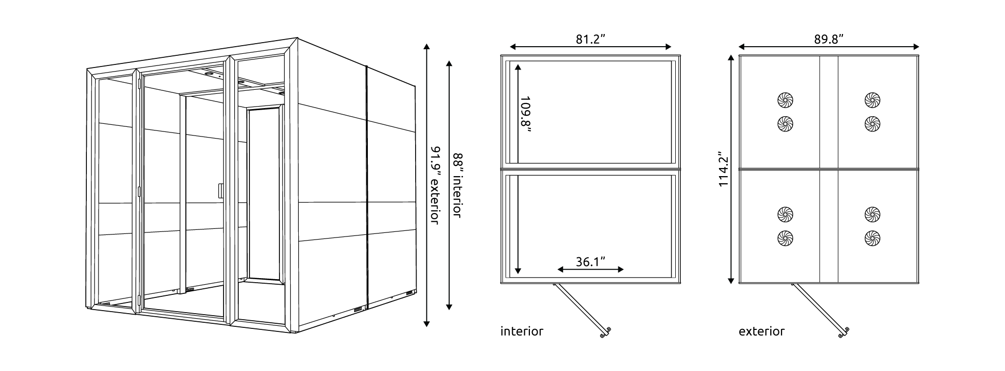 Technical drawings of the Eco Meet M Connected Pod with measurements.