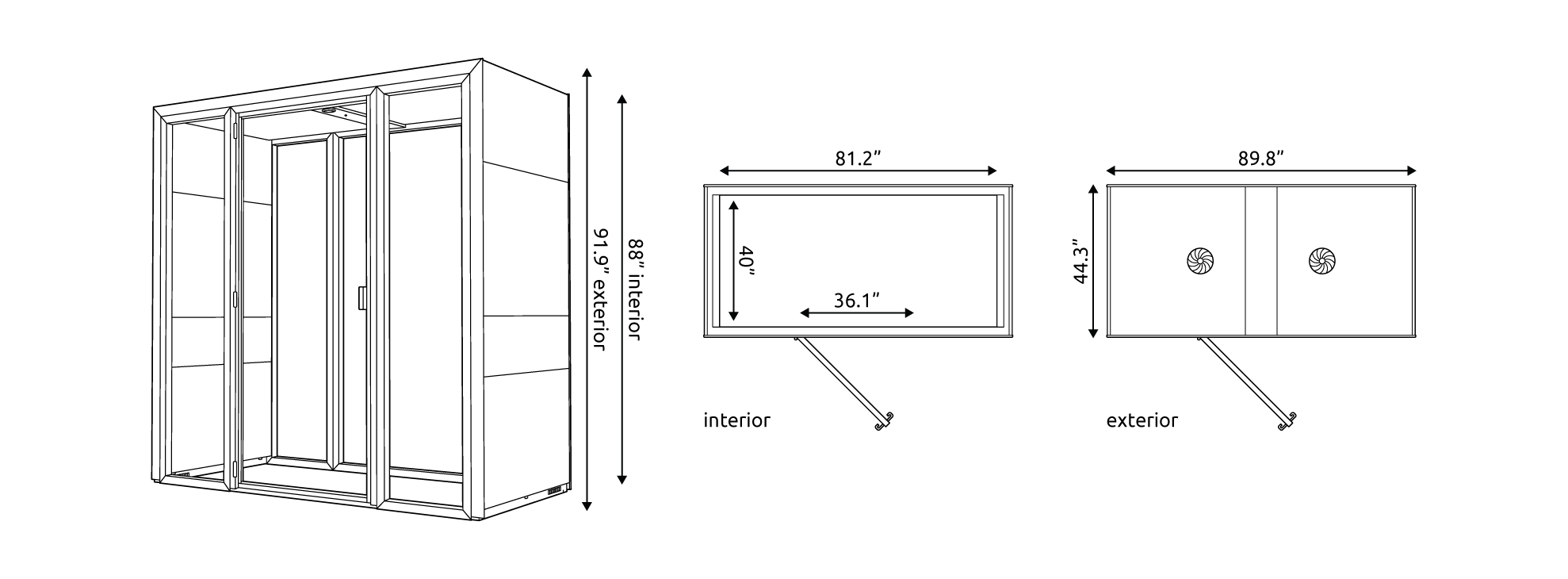 Technical drawings of the Eco Meet S Pod with measurements.