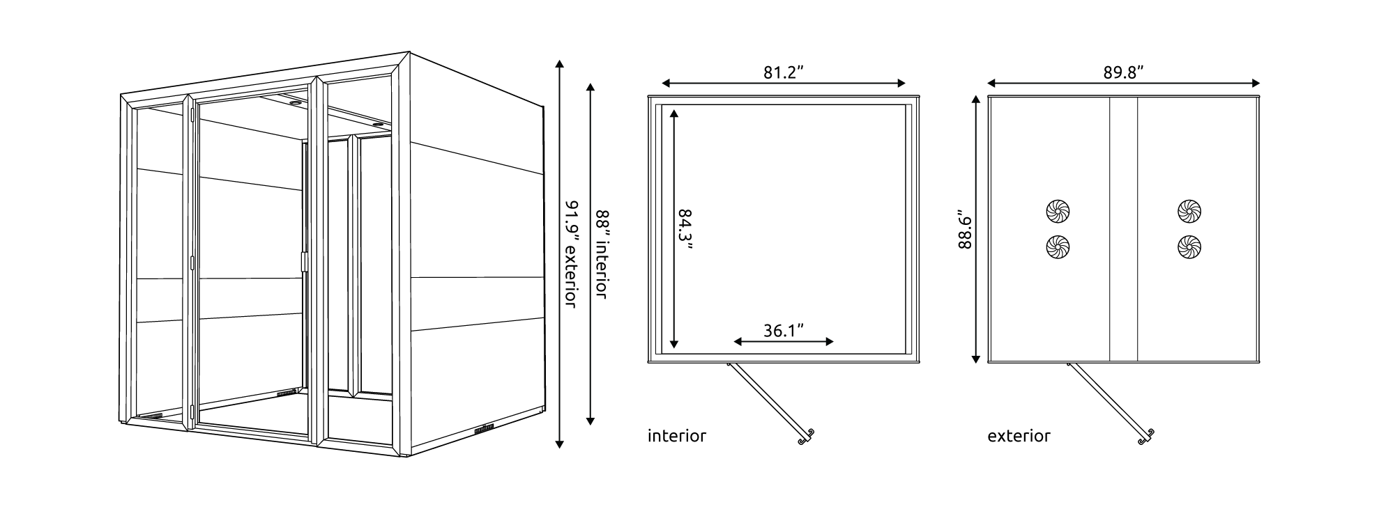 Technical drawings of the Eco Meet XL Pod with measurements.