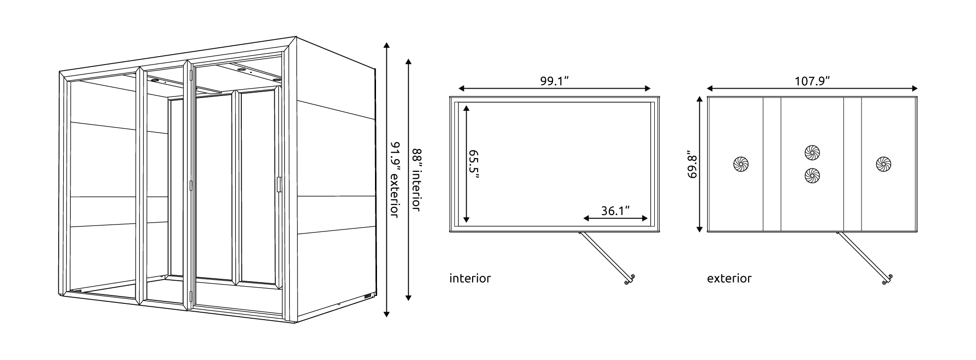 Eco Multi L Line Drawing Technical drawings of the Eco Multi L Pod with measurements.