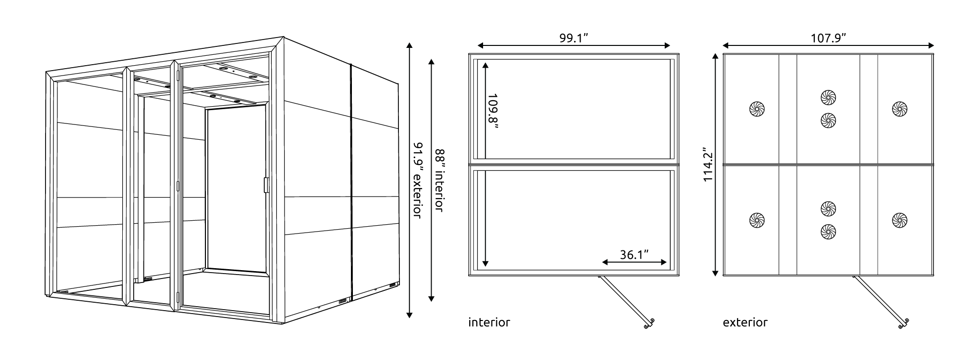 Technical drawings of the Eco Multi M Connected Pod with measurements.