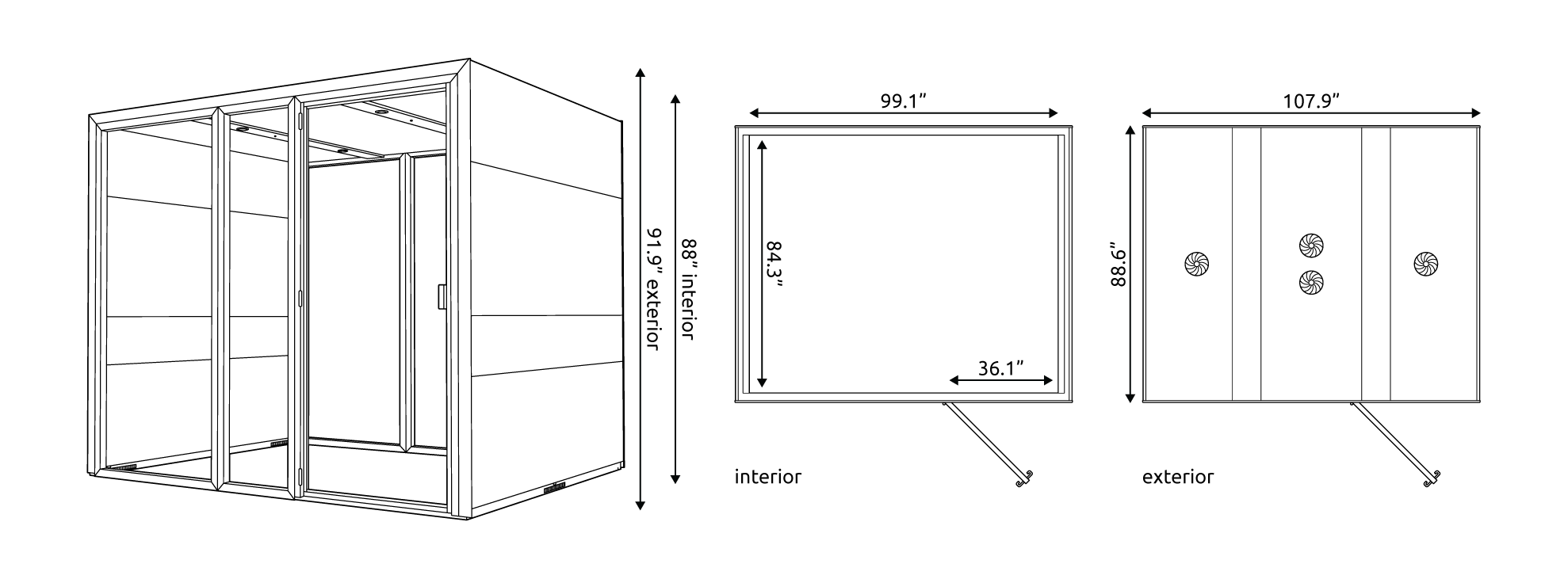 Eco Multi XL Line Drawing Technical drawings of the Eco Multi XL Pod with measurements.