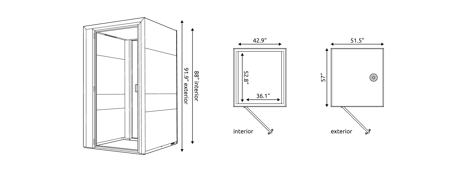 Eco Phone M+ Line Drawing Technical drawings of the Eco Phone M+ Pod with measurements.