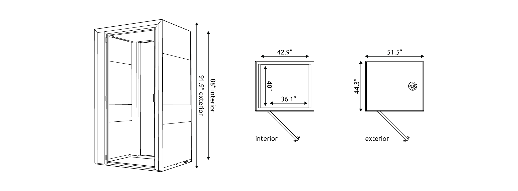 Technical drawings of the Eco Phone S+ Pod with measurements.