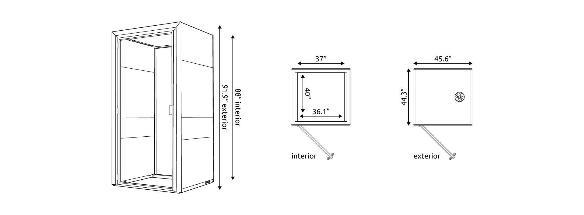 Technical drawings of the Eco Phone S Pod with measurements.