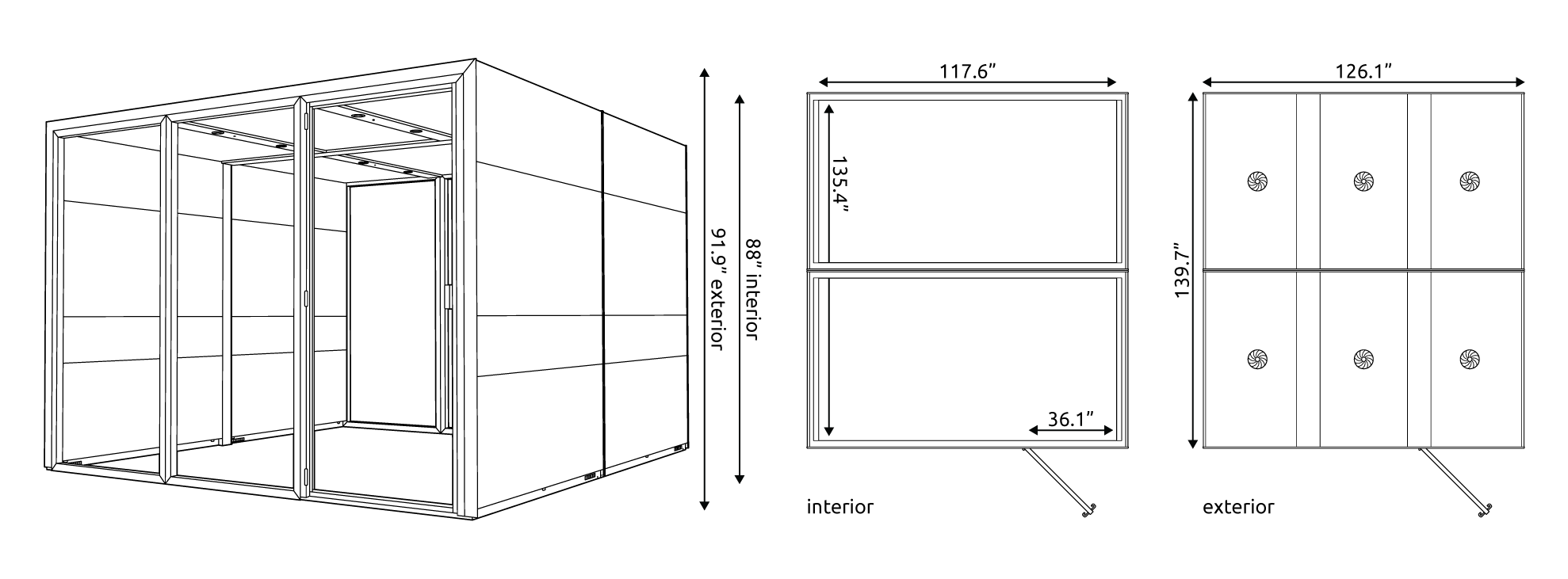 Technical drawings of the Eco Team L Connected Pod with measurements.