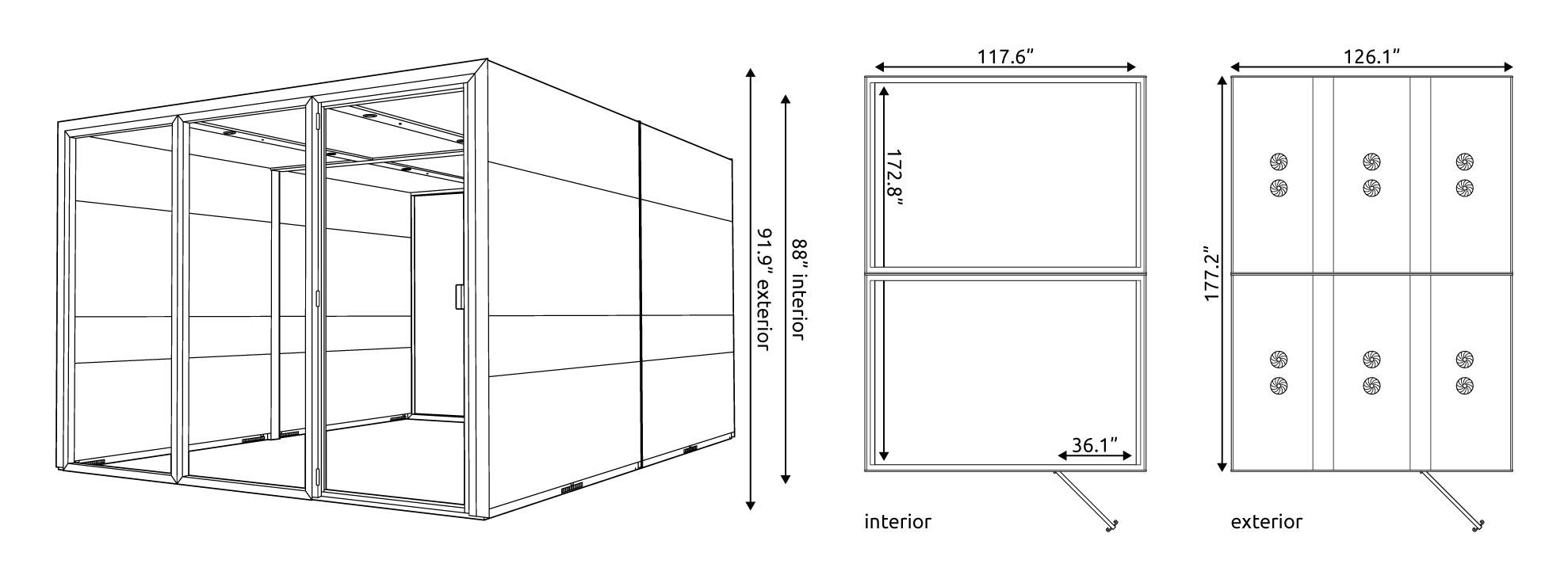 Technical drawings of the Eco Team XL Connected Pod with measurements.