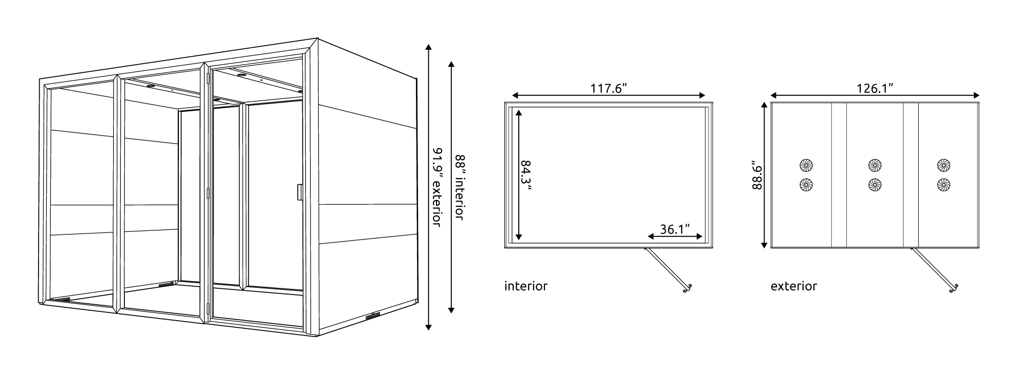 Technical drawings of the Eco Team XL Pod with measurements.