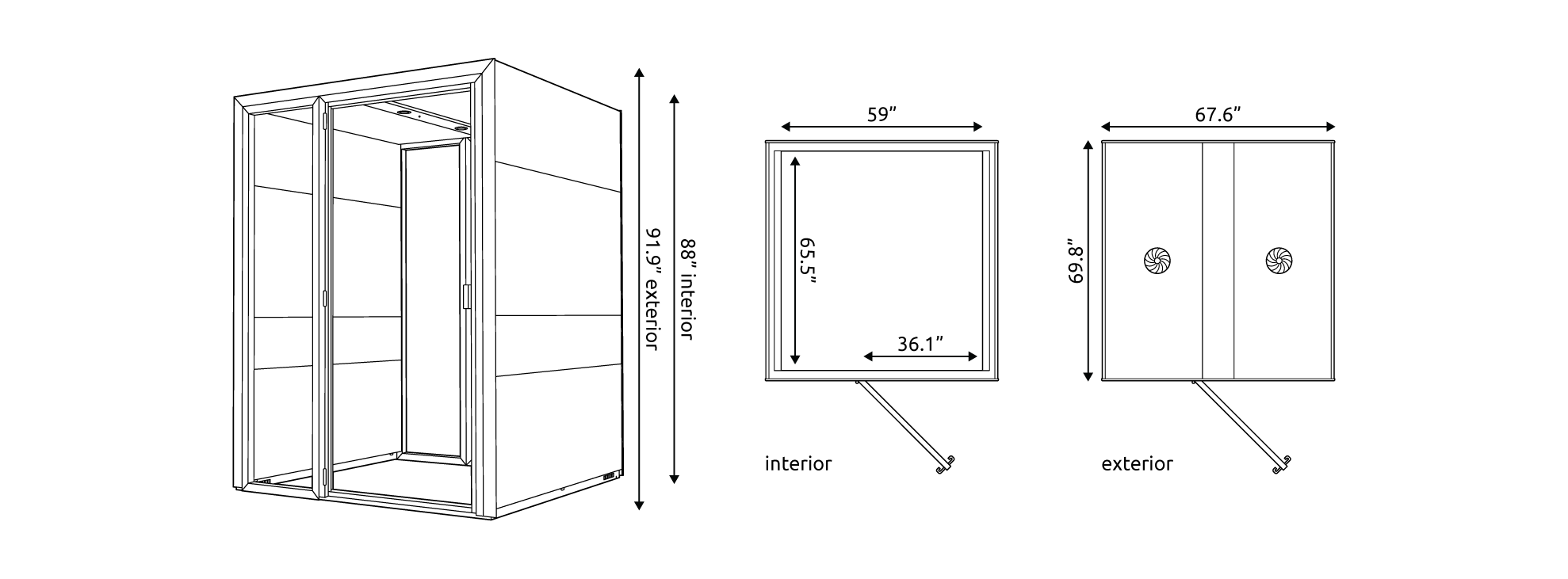 Technical drawings of the Eco Work L Pod with measurements.