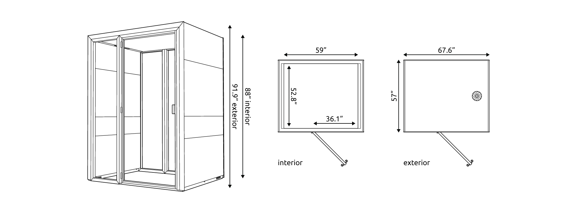 Eco Work M Line Drawing Technical drawings of the Eco Work M Pod with measurements.
