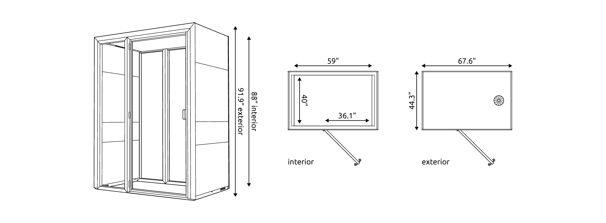 Technical drawings of the Eco Work S Pod with measurements.
